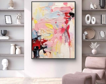 Pintura al óleo abstracta con textura / Cuadro minimalista en lienzo rosa y beige