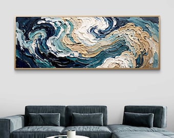 Pintura al óleo abstracta de olas del océano / Arte mural de paisaje marino texturizado / Obra de arte costera moderna en tonos azules y beige / Gran pintura marina con técnica de empaste