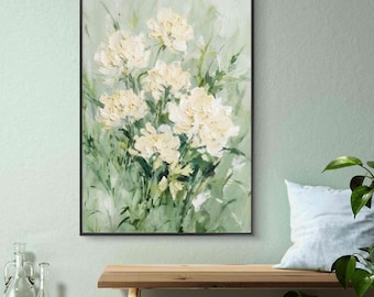 Pintura al óleo original, arte floral de peonías blancas, decoración botánica impresionista.
