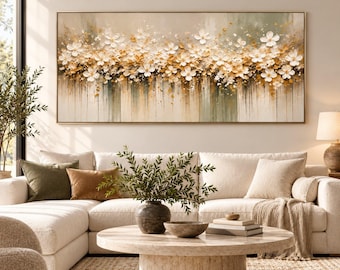 White and Gold Textured Floral Oil Painting, Horizontal Wall Art
