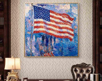Pintura al óleo de la bandera estadounidense / Arte mural patriótico con textura y empaste