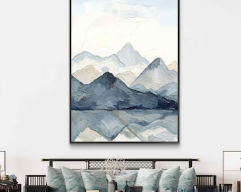 Pintura al óleo abstracta de lago de montaña / Paisaje de picos texturizados / Pintura de naturaleza con técnica de empaste original