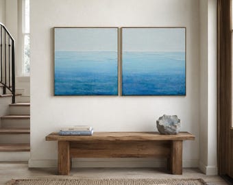 Ocean Diptych Painting | Textured Blue Seascape Art Set, Wabi Sabi Coastal Decor