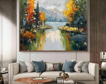 Peinture à l'huile texturée de paysage d'automne : art du lac de montagne au couteau