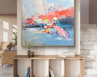 Textured Abstract Oil Painting: Red, Orange, and Blue Impasto Art