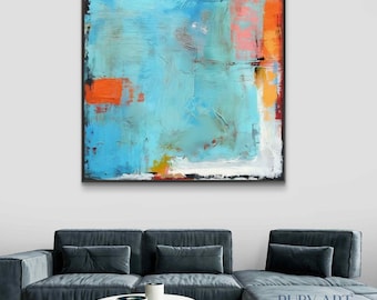 Arte mural moderno en color turquesa / Decoración expresionista vibrante original / Lienzo contemporáneo texturizado