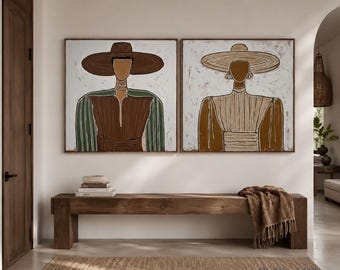 Modernes figuratives Ölgemälde-Set | Abstraktes Frauenporträt als Wandbild | Neutrales Boho-Leinwandgemälde