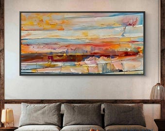 Pintura al óleo abstracta de la costa / Arte mural de paisaje marino con puesta de sol texturizada