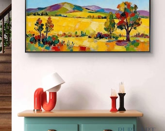 Pintura al óleo de campo soleado / Arte de paisaje colorido / Lienzo de naturaleza original / Decoración de pared de pradera otoñal
