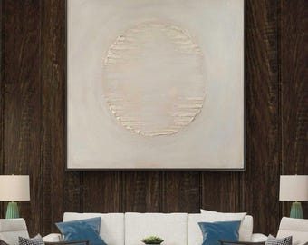 Pintura al óleo minimalista con círculo texturizado / Arte abstracto en relieve neutro / Lienzo monocromático moderno