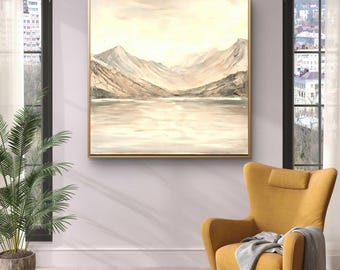 Pintura al óleo minimalista de paisaje de montaña / Arte de naturaleza serena en tonos neutros / Paisaje abstracto original