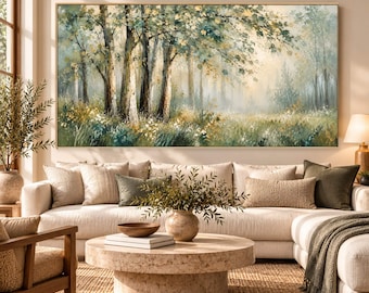 Sage Green Forest Oil Painting, Textured Woodland Wall Art