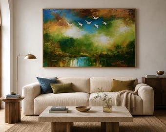 Pintura abstracta al óleo de una grulla / Paisaje forestal texturizado sobre lienzo