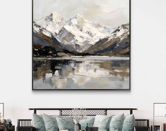 Pintura al óleo de montaña nevada / Arte de paisaje alpino / Montañas invernales originales / Arte mural moderno en tonos neutros