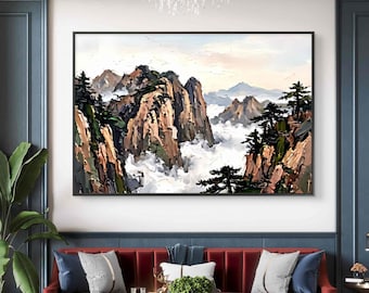 Bergnebel Ölgemälde | Abstrakte Berglandschaft Kunst | Große strukturierte Impasto Malerei | Moderne Natur Wand Dekor | Serene Alpine Kunst