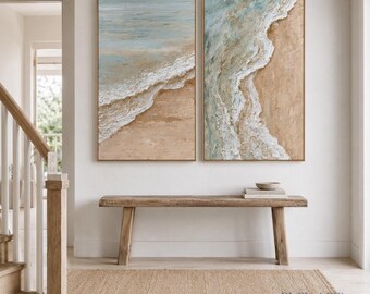 Textured Abstract Beach Diptych Oil Painting | Wabi Sabi Coastal Wave Canvas Set