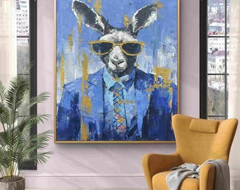 Kangaroo Oil Painting: Quirky Blue Animal Portrait Wall Art