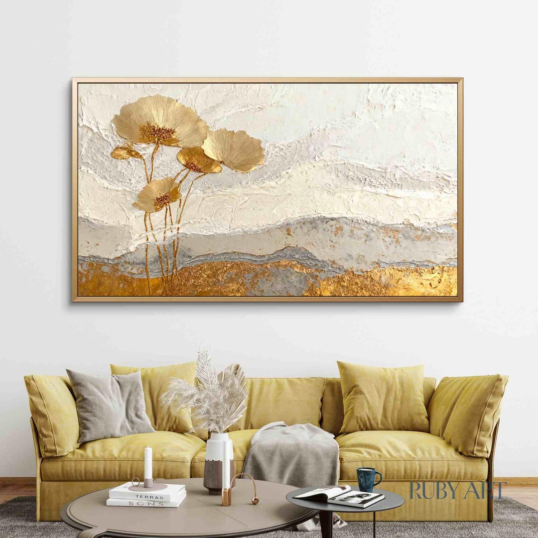 Gold Floral Oil Painting | Textured Abstract Botanical Canvas Wall Art ...