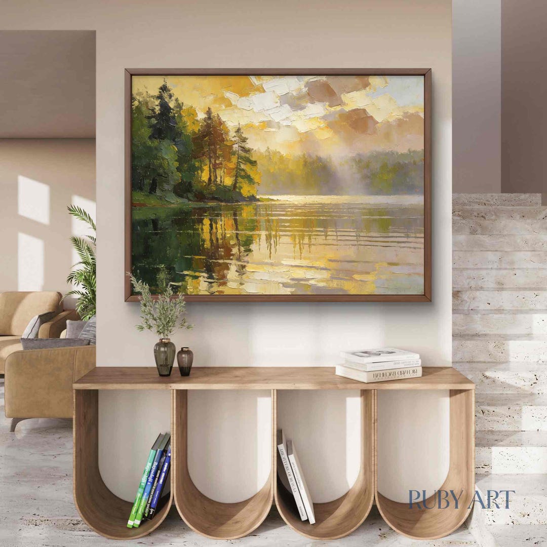 Golden Sunset Lake Oil Painting | Original Forest Landscape Art - Etsy