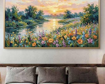 Pintura al óleo de paisaje de atardecer pintada a mano / Arte mural con escena de río colorido / Lienzo floral natural