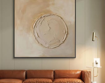 Neutral Abstract Oil Painting | Textured Circle Wall Art | Minimalist Beige Artwork | Modern Plaster Style Canvas | Earth Tone Decor