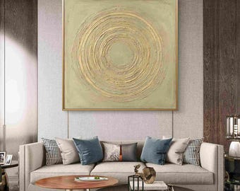 Pintura al óleo minimalista en verde salvia con textura / Arte abstracto de pared con círculos concéntricos