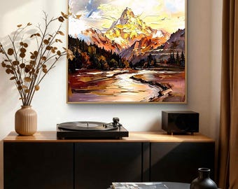 Pintura al óleo original / Lienzo con textura de paisaje de montaña al atardecer