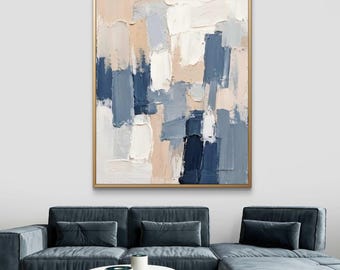 Pintura al óleo abstracta texturizada en tonos beige y azul / Arte de pared minimalista sobre lienzo