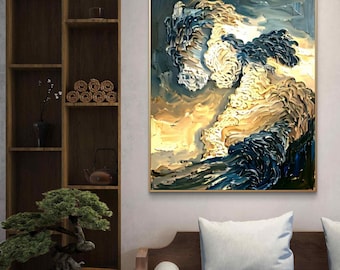 Abstrakte Ölgemälde Meereswelle | Dramatische texturierte Meerlandschaft Kunst | Gold Blau Küstenwand Kunst | Großes Impasto Wellenbild