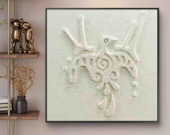 Handgemaltes, strukturiertes Gemälde eines weißen Vogels: Minimalistische 3D-Reliefkunst