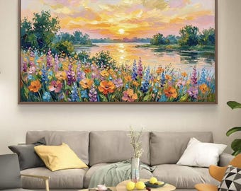 Pintura al óleo de paisaje de atardecer pintado a mano / Escena de río con flores silvestres coloridas / Arte mural en lienzo impresionista