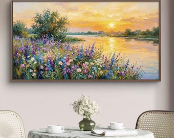 Pintura al óleo de paisaje personalizada / Río de flores silvestres coloridas / Arte mural impresionista de naturaleza / Lienzo floral de verano