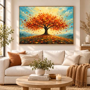 Peut inclure: Une impression d'art mural rectangulaire représentant une peinture à l'huile d'un grand arbre aux feuilles d'automne orange et rouges éclatantes. L'arbre se dresse sur une colline couverte de feuilles mortes sous un ciel bleu et jaune vif.