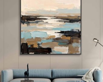 Pintura al óleo original / Lienzo abstracto con textura en tonos beige y azul que representa un paisaje marino.