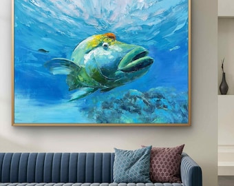 Pintura al óleo de peces submarinos pintada a mano / Lienzo de vida marina