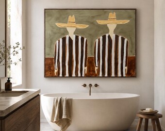 May include: A rectangular wall painting featuring two figures wearing wide-brimmed tan hats and brown and white vertical striped shirts. The background is divided into a muted olive green upper section and a solid dark brown lower section.
