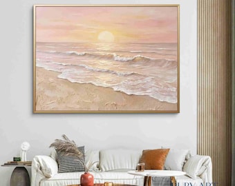 Pintura al óleo de puesta de sol en el océano / Arte de paisaje marino en colores pastel / Paisaje de playa original / Pintura de mar rosa suave