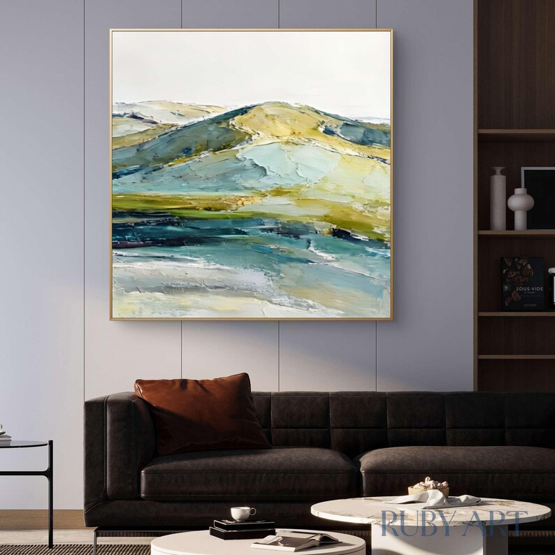 Abstract Landscape Oil Painting | Textured Green Blue Hills Wall Art - Etsy