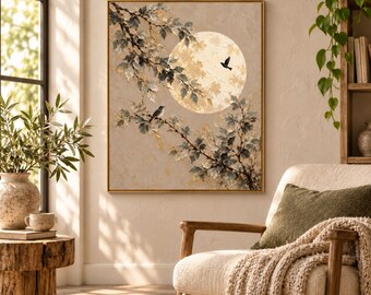 Bird on Branch Oil Painting, Golden Moon Wall Art