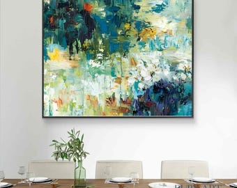 Pintura al óleo original / Arte impresionista de estanque de nenúfares florales, decoración de pared de naturaleza verde y azul