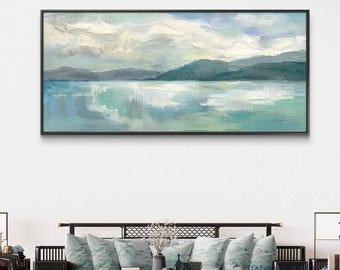 Pintura al óleo de un lago brumoso / Arte de paisaje montañoso sereno / Decoración de pared de agua color turquesa