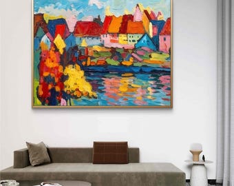 Pintura al óleo de un pueblo colorido / Arte impresionista de casas ribereñas, textura de espátula