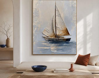 May include: A rectangular wall art painting featuring a textured sailboat with white and brown sails on a calm blue and grey sea. The artwork uses thick impasto brushstrokes to create depth and movement, set against a soft, neutral background.