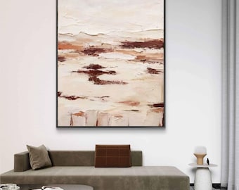 Pintura abstracta de paisaje con textura / Arte mural en tonos tierra beige y marrón
