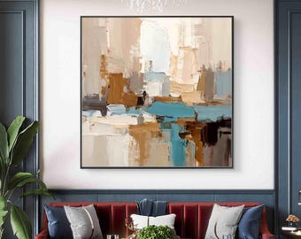 Pintura al óleo abstracta de estilo costero / Obra de arte original en lienzo de gran formato / Decoración del hogar en tonos neutros y naturales