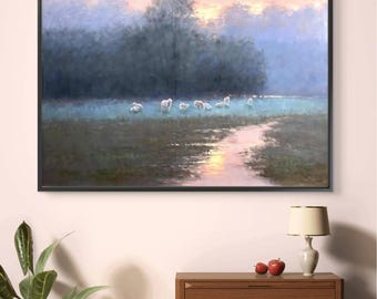 Pintura al óleo pintada a mano / Lienzo de prado de ovejas con amanecer brumoso