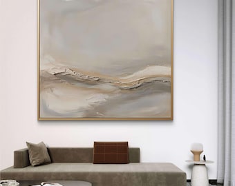 Pintura al óleo abstracta de paisaje neutro con textura / Arte moderno sobre lienzo en tonos tierra