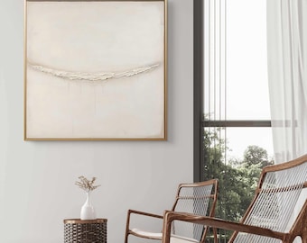 Pintura al óleo minimalista con textura / Arte mural con impasto neutro / Lienzo abstracto blanco en relieve