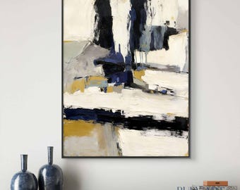 Pintura al óleo abstracta / Arte decorativo sobre lienzo texturizado en blanco y negro