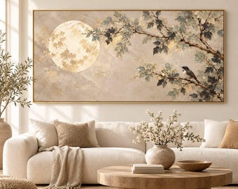 Moon and Bird Painting, Textured Botanical Wall Art
